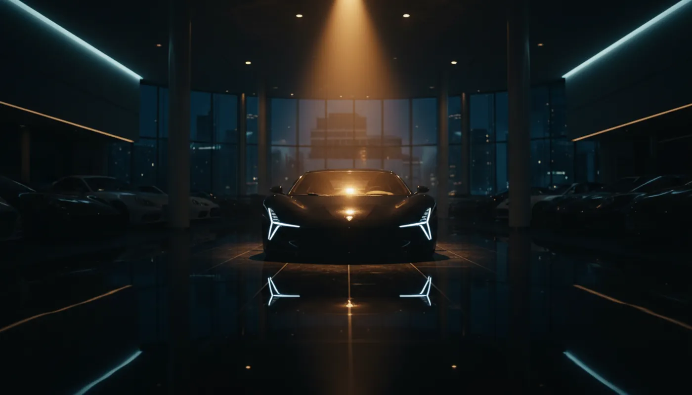 Dunkler Premium-Showroom mit einem Sportwagen im warmen Gold-Spotlight