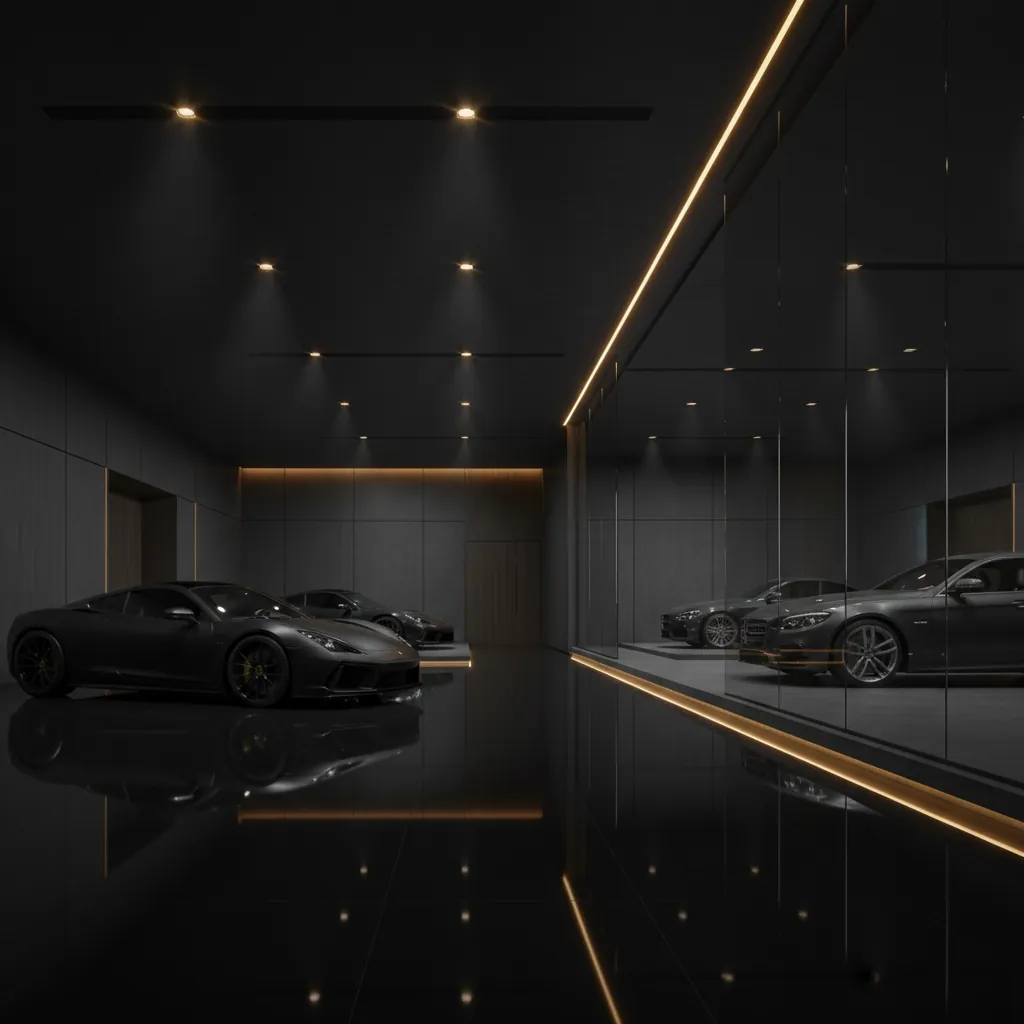 Eleganter dunkler Showroom, polierter Boden