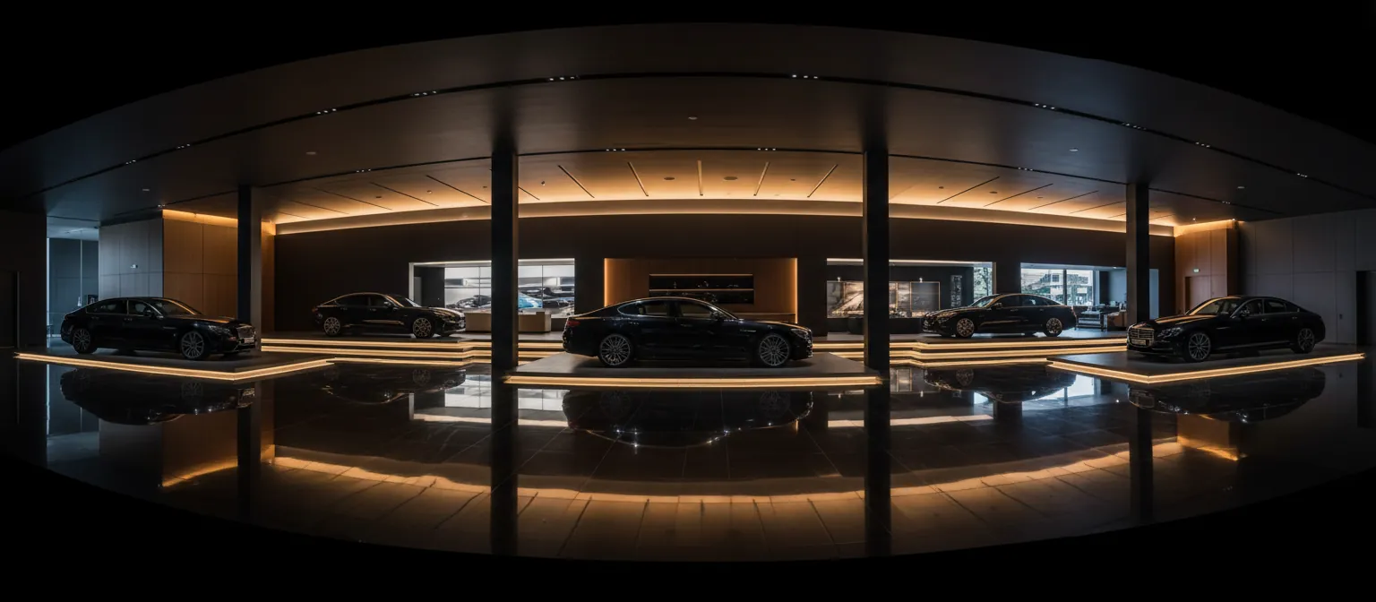 Panorama eines eleganten dunklen Showrooms mit Fahrzeugreihe